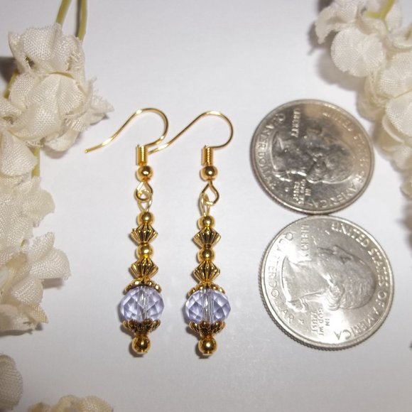 Small Gold Purple Earring Set Handmade Beaded Delicate Dainty Jewelry Gift 6918 - Picture 2 of 8